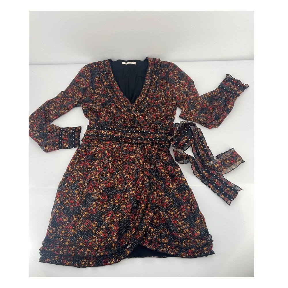 Stevie May Mini Wrap Dress Black Floral Monarch Ruffle Long Sleeve S Whimsigoth